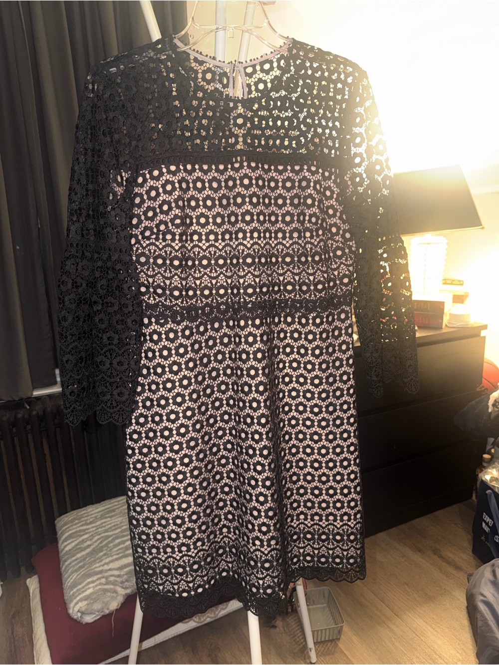 J. Crew Black Lace Overlay with Pink Lining Long Sleeve Dress